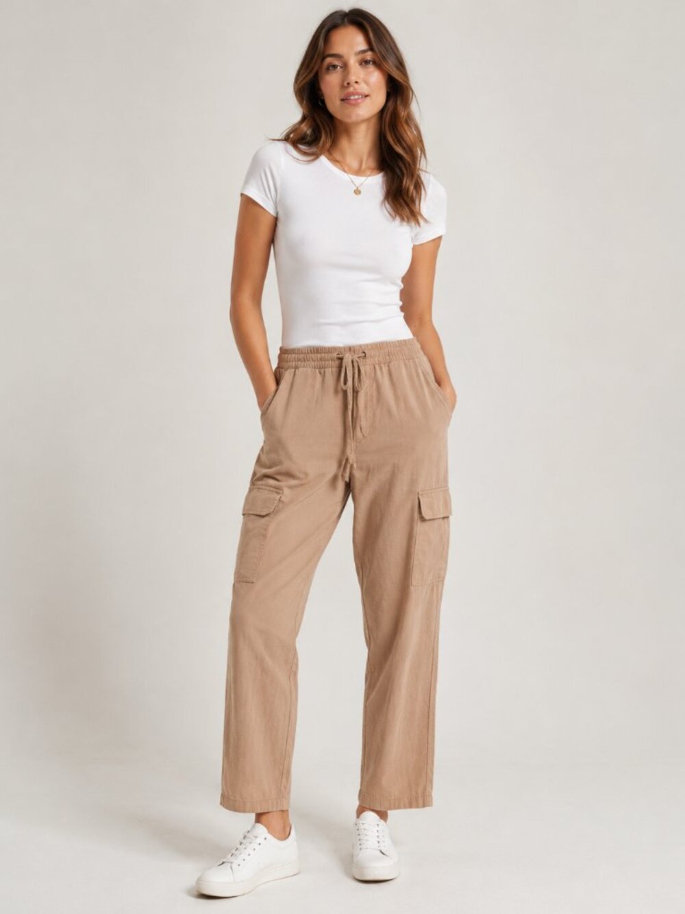 Per Se XL Tan Linen Blend Cargo Pants Drawstring Utility Cropped Boho